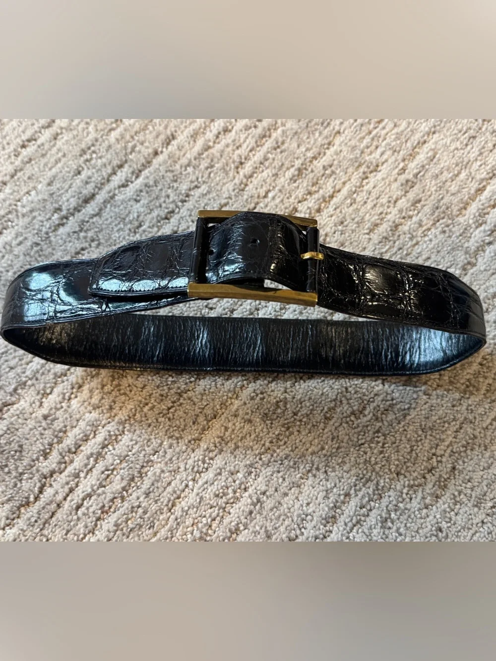 Vintage Black Embossed Leather Alligator Belt with Brass Buckle XS